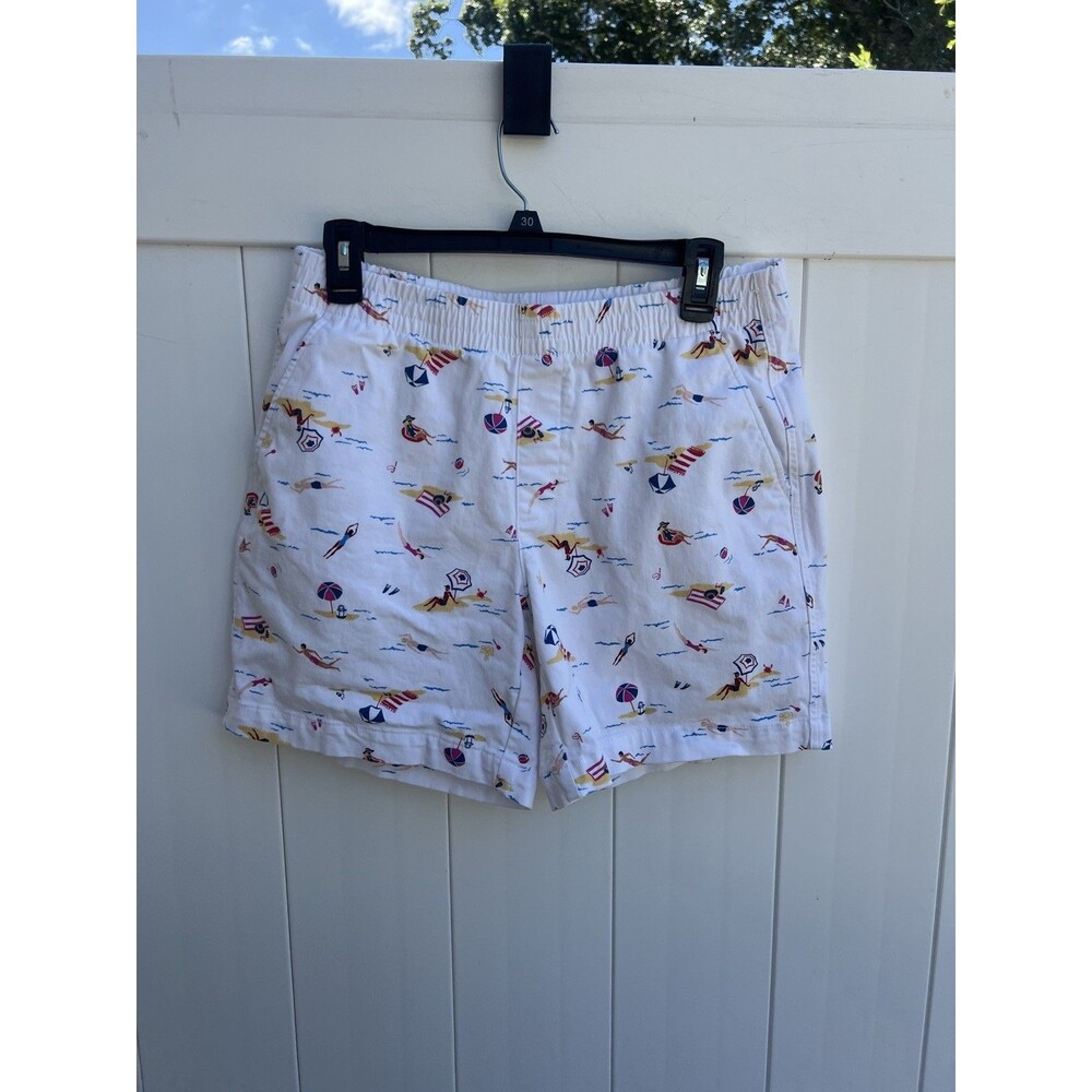 Lands End Womens White Beach Print Elastic Waist Shorts Midrise Cotton Sz 10p